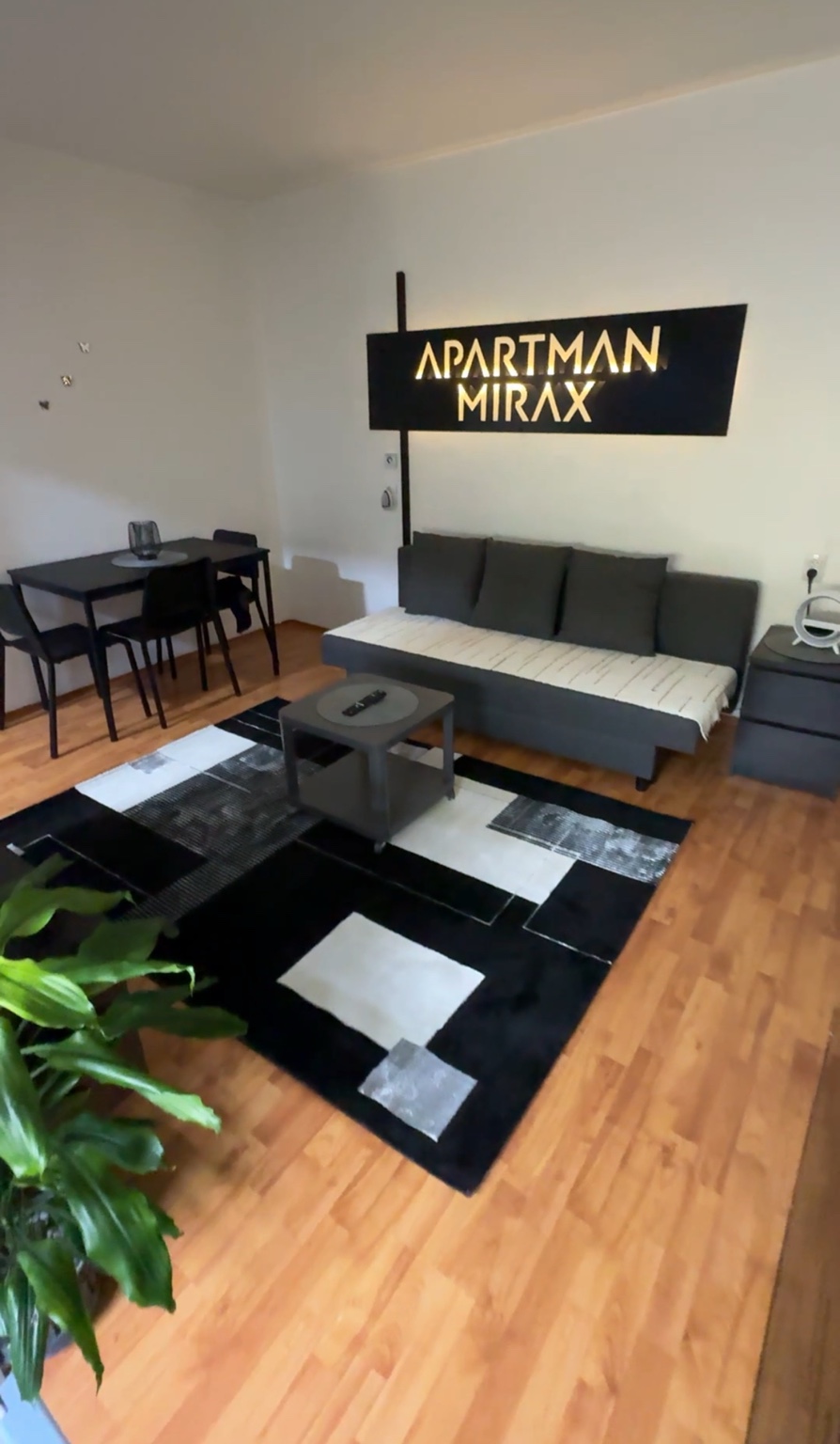 Dnevni boravak apartmana MIRAX sa sofom, crno-belim tepihom i sobnom biljkom