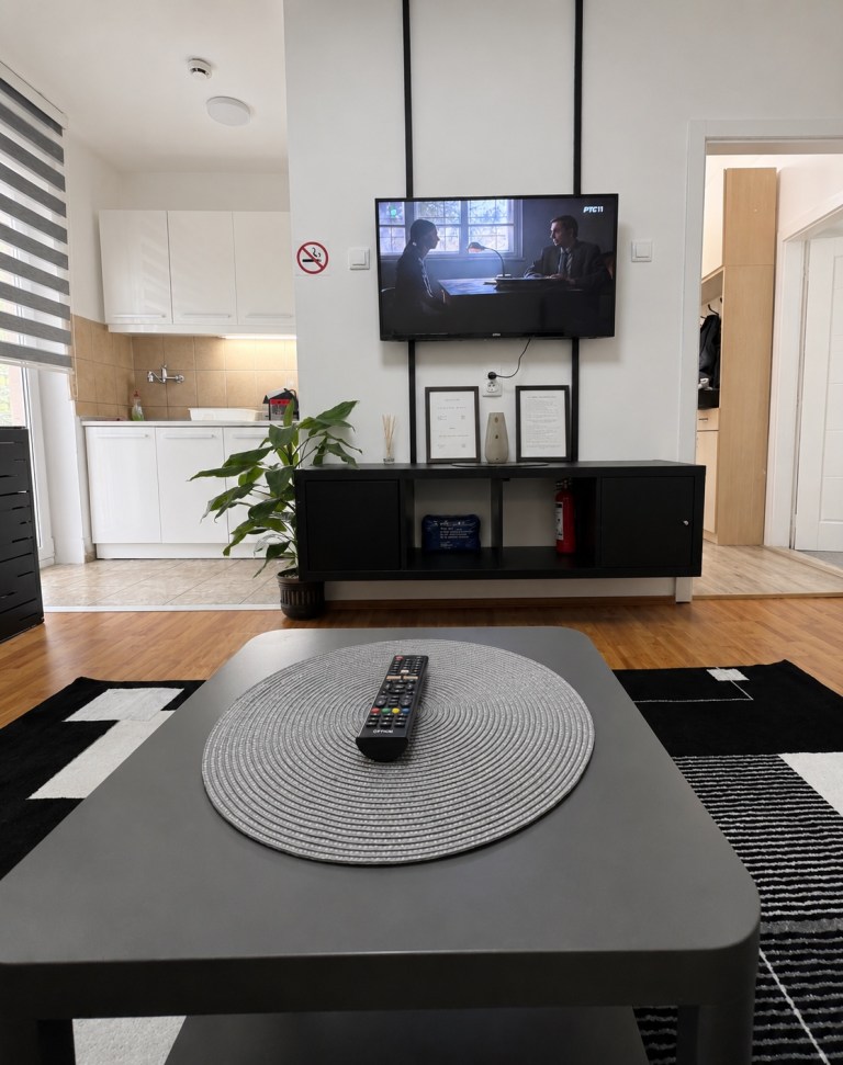 TV and cabinet in the MIRAX living room, with the kitchen behind