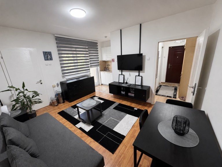 Living room with a TV and dining table, looking towards the MIRAX entrance